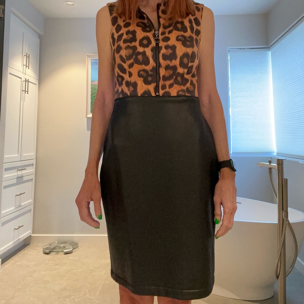 Joseph Ribkoff Black and Leopard Dress faux leather size 8